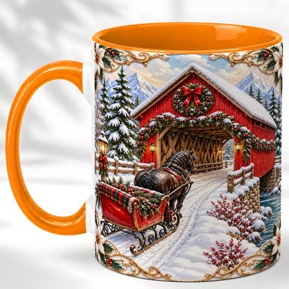 #pl[11oz|Orange] Ornate Christmas Bridge Coffee Mug, Winter Sleigh Mug, Ceramic Cup