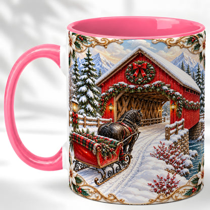 #pl[11oz|Pink] Ornate Christmas Bridge Coffee Mug, Winter Sleigh Mug, Ceramic Cup