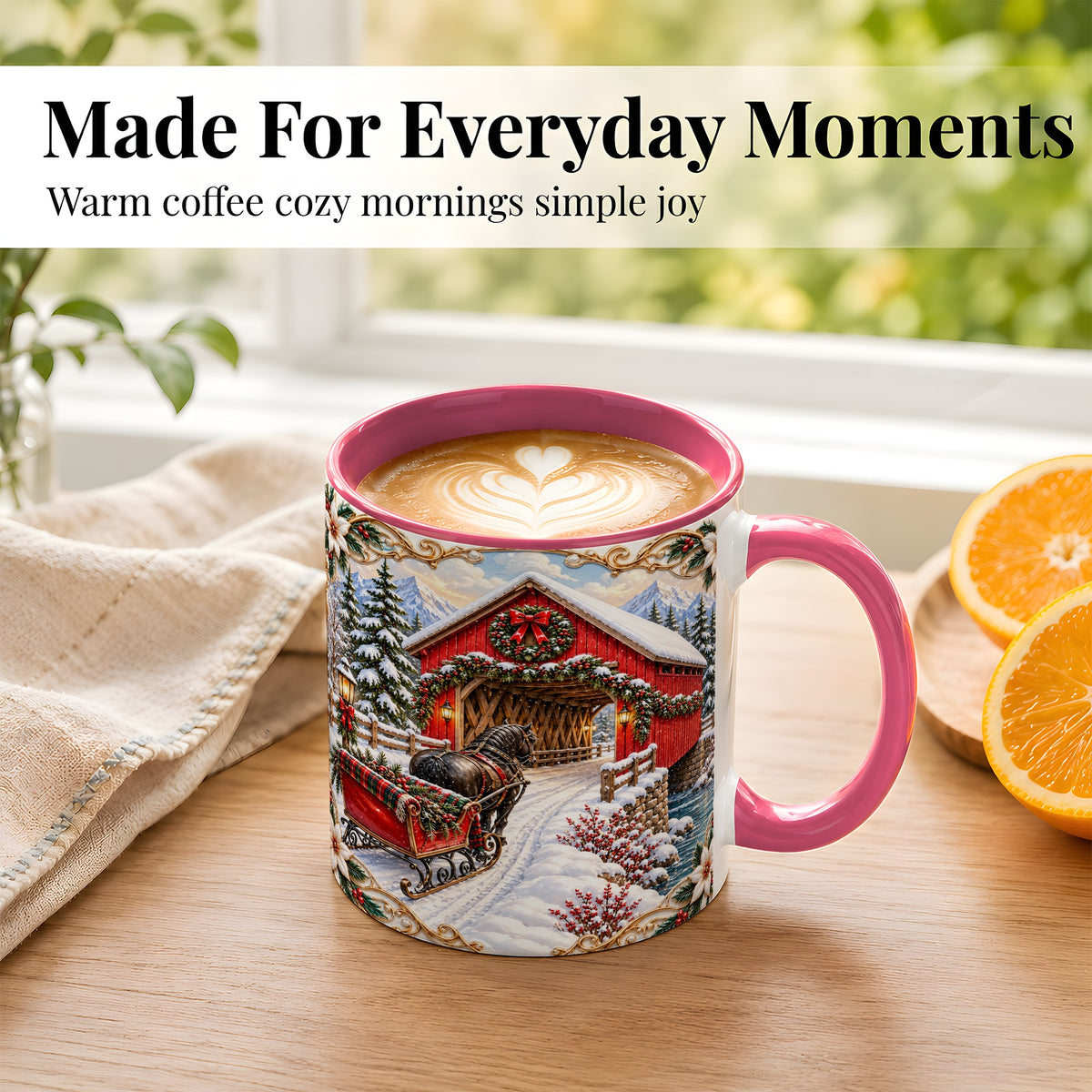 #pl[11oz|Pink] Ornate Christmas Bridge Coffee Mug, Winter Sleigh Mug, Ceramic Cup