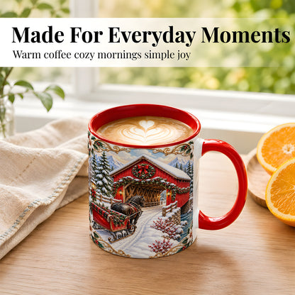 #pl[11oz|Red] Ornate Christmas Bridge Coffee Mug, Winter Sleigh Mug, Ceramic Cup