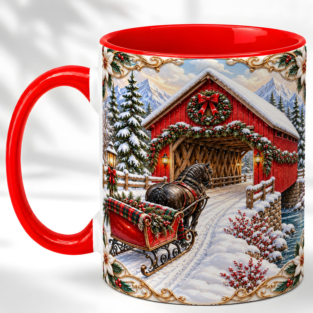 Ornate Christmas Bridge Coffee Mug, Winter Sleigh Mug, Ceramic Cup