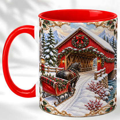 Ornate Christmas Bridge Coffee Mug, Winter Sleigh Mug, Ceramic Cup