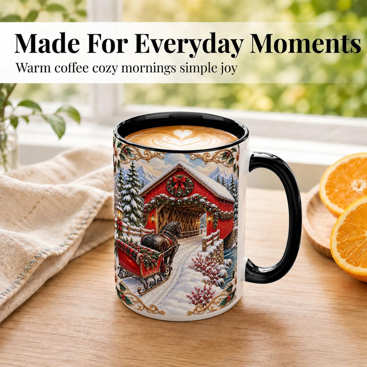 #pl[15oz|Black] Ornate Christmas Bridge Coffee Mug, Winter Sleigh Mug, Ceramic Cup