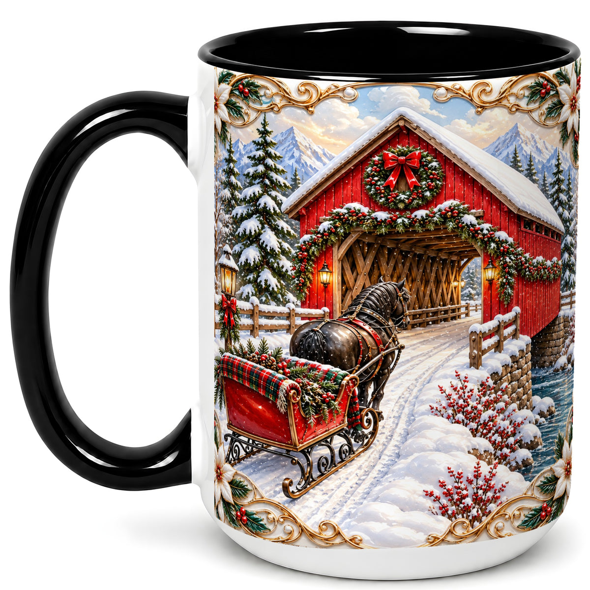 #pl[15oz|Black] Ornate Christmas Bridge Coffee Mug, Winter Sleigh Mug, Ceramic Cup