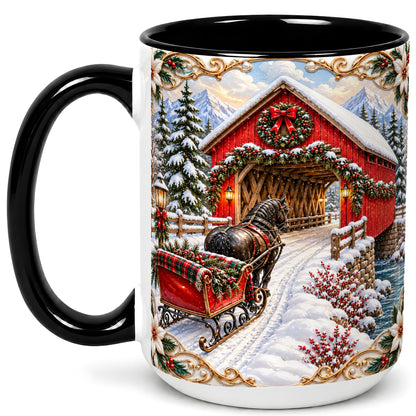 #pl[15oz|Black] Ornate Christmas Bridge Coffee Mug, Winter Sleigh Mug, Ceramic Cup