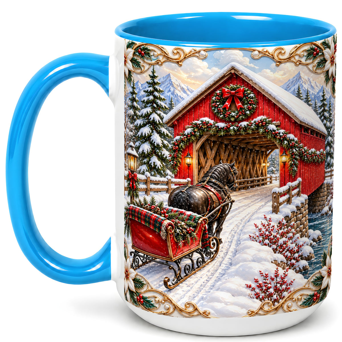 #pl[15oz|Blue] Ornate Christmas Bridge Coffee Mug, Winter Sleigh Mug, Ceramic Cup