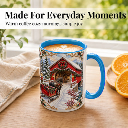#pl[15oz|Blue] Ornate Christmas Bridge Coffee Mug, Winter Sleigh Mug, Ceramic Cup