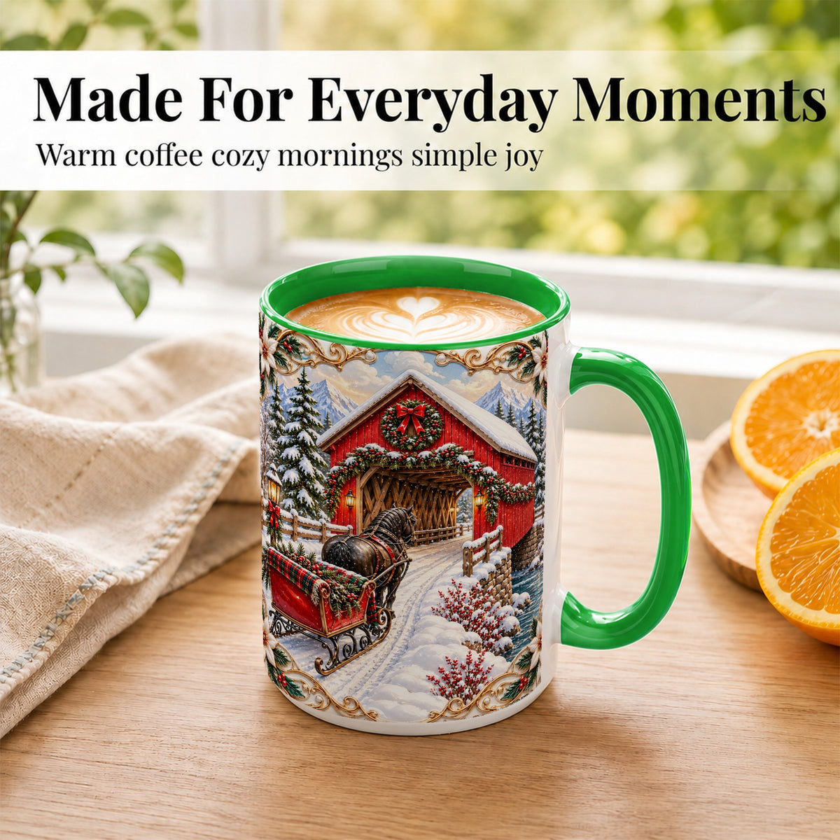 #pl[15oz|Green] Ornate Christmas Bridge Coffee Mug, Winter Sleigh Mug, Ceramic Cup