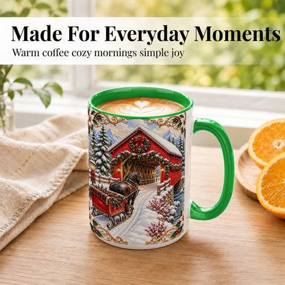 #pl[15oz|Green] Ornate Christmas Bridge Coffee Mug, Winter Sleigh Mug, Ceramic Cup