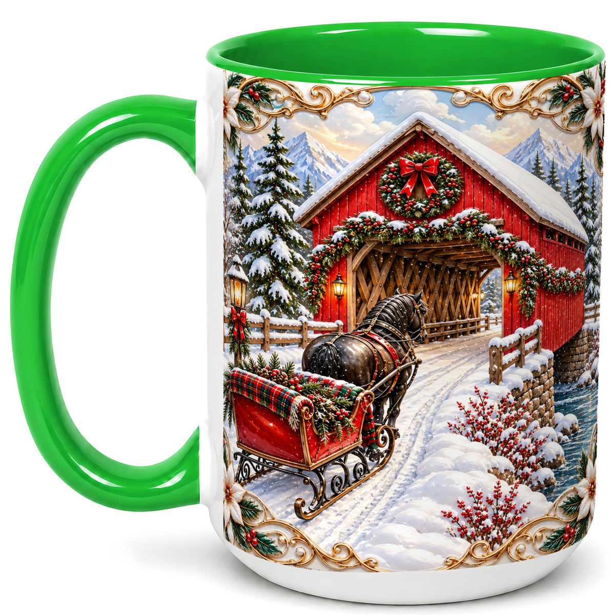 #pl[15oz|Green] Ornate Christmas Bridge Coffee Mug, Winter Sleigh Mug, Ceramic Cup