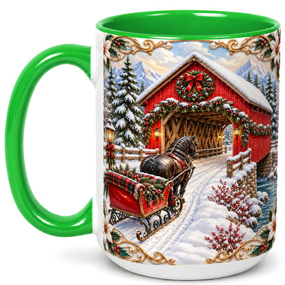 #pl[15oz|Green] Ornate Christmas Bridge Coffee Mug, Winter Sleigh Mug, Ceramic Cup