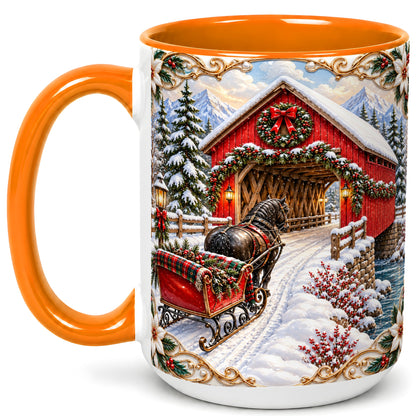 #pl[15oz|Orange] Ornate Christmas Bridge Coffee Mug, Winter Sleigh Mug, Ceramic Cup