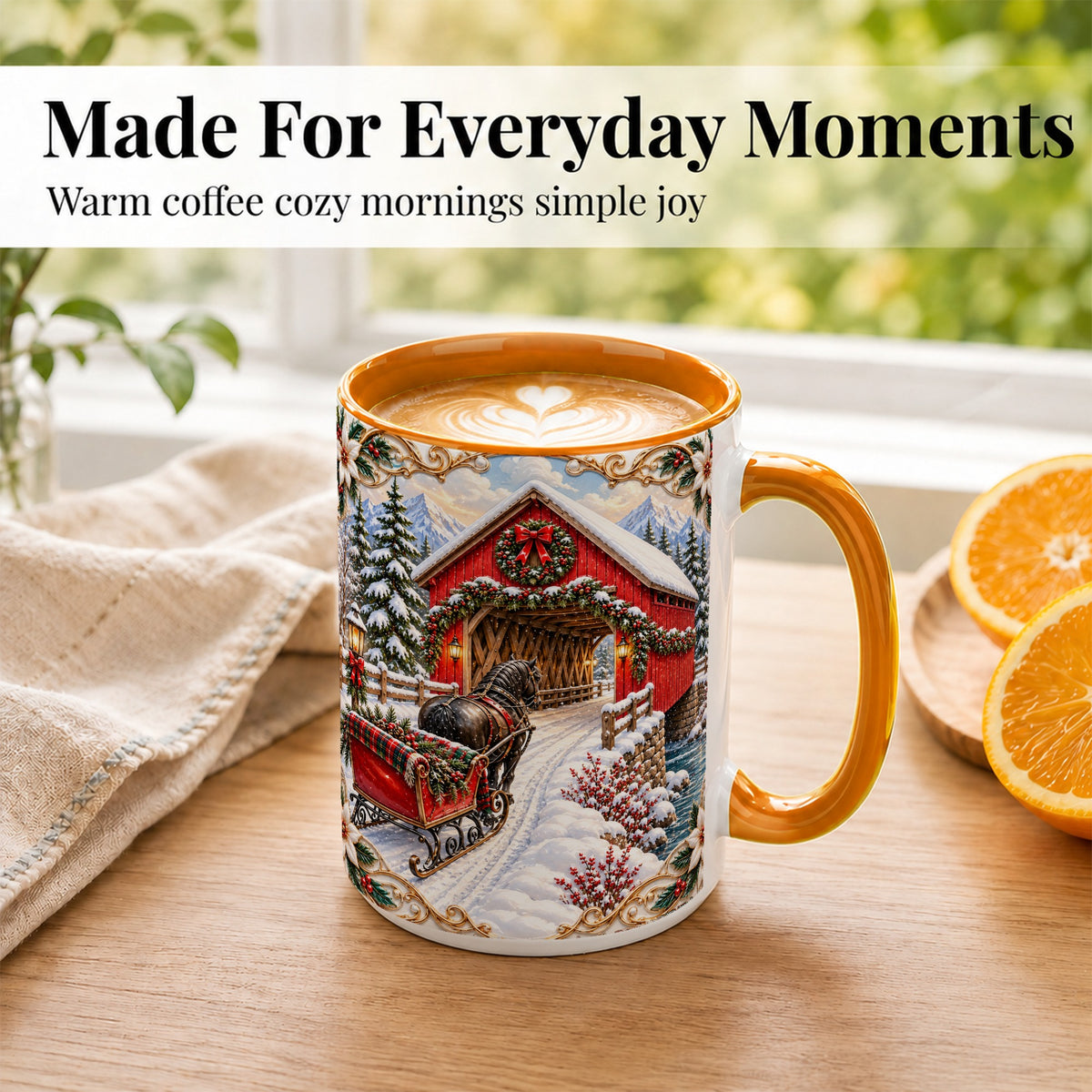 #pl[15oz|Orange] Ornate Christmas Bridge Coffee Mug, Winter Sleigh Mug, Ceramic Cup