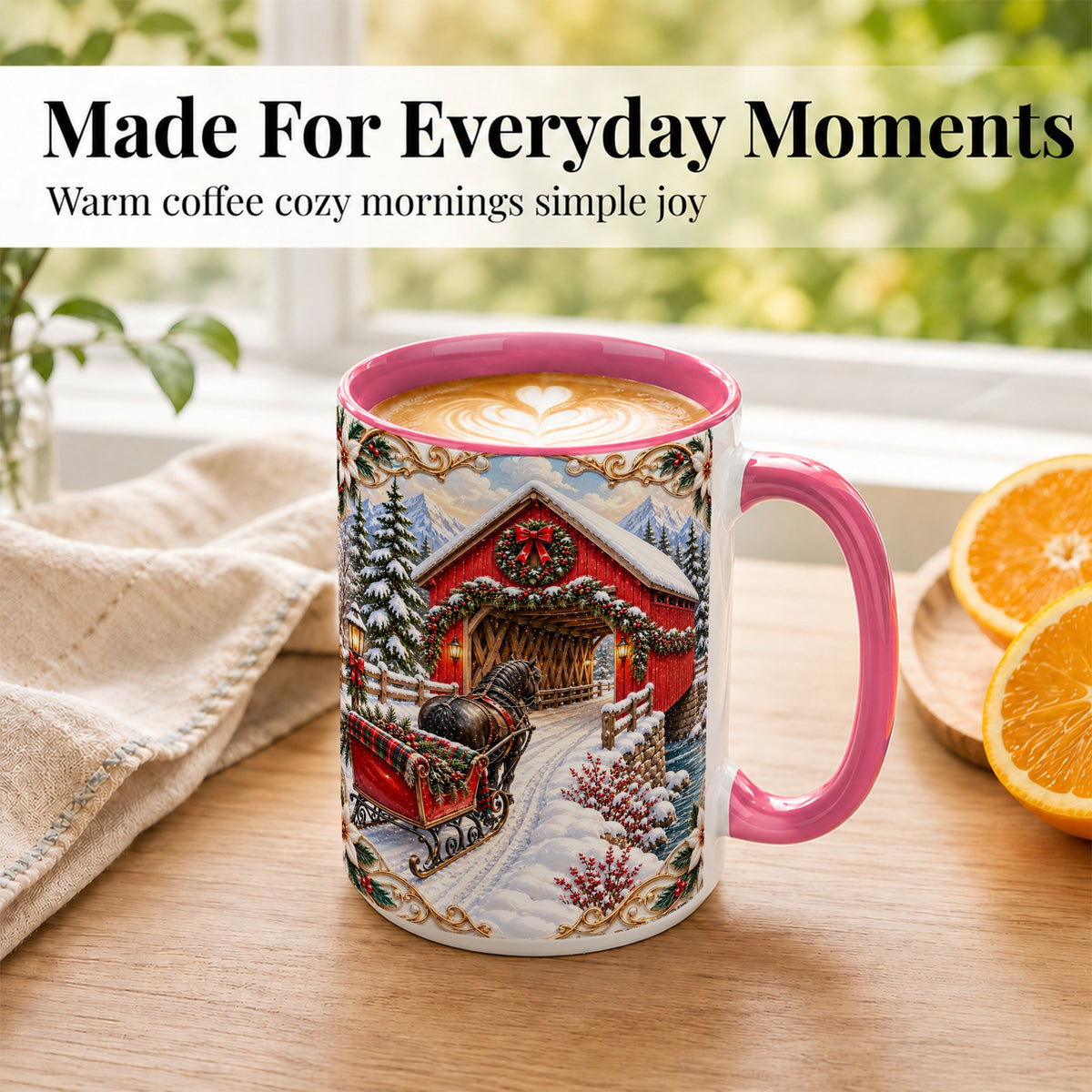 #pl[15oz|Pink] Ornate Christmas Bridge Coffee Mug, Winter Sleigh Mug, Ceramic Cup