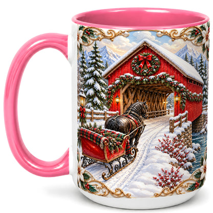 #pl[15oz|Pink] Ornate Christmas Bridge Coffee Mug, Winter Sleigh Mug, Ceramic Cup