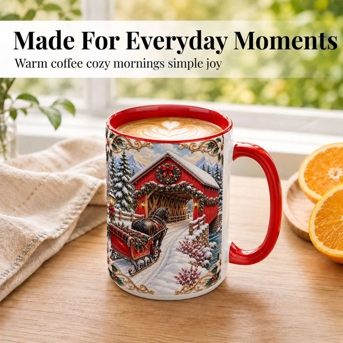 #pl[15oz|Red] Ornate Christmas Bridge Coffee Mug, Winter Sleigh Mug, Ceramic Cup