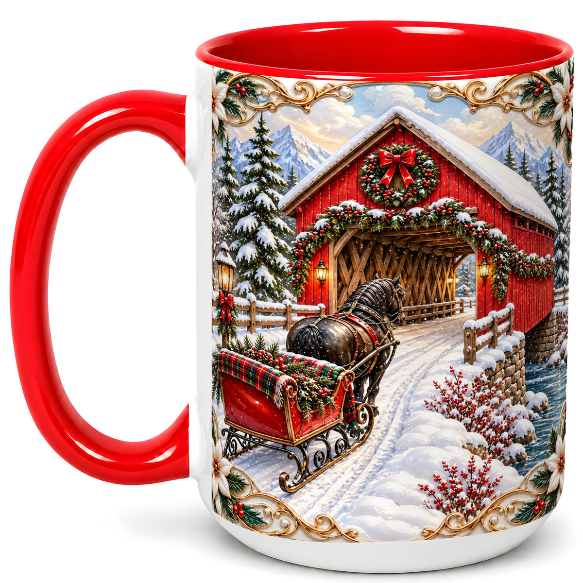 #pl[15oz|Red] Ornate Christmas Bridge Coffee Mug, Winter Sleigh Mug, Ceramic Cup