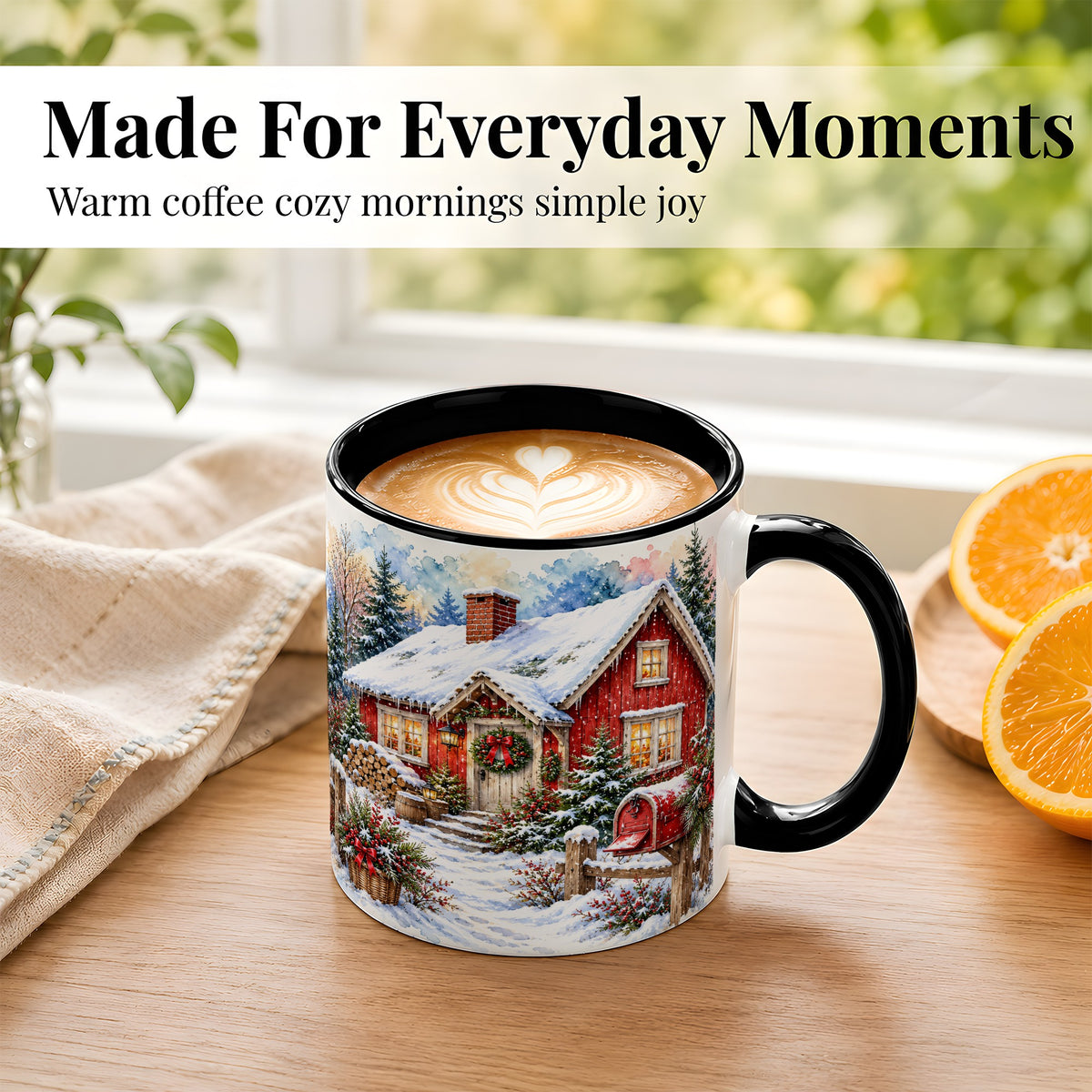 #pl[11oz|Black] Red Christmas Cottage Coffee Mug, Snowy Cabin Mug, Ceramic Cup