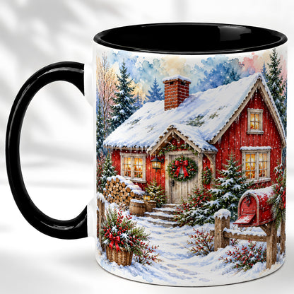 #pl[11oz|Black] Red Christmas Cottage Coffee Mug, Snowy Cabin Mug, Ceramic Cup