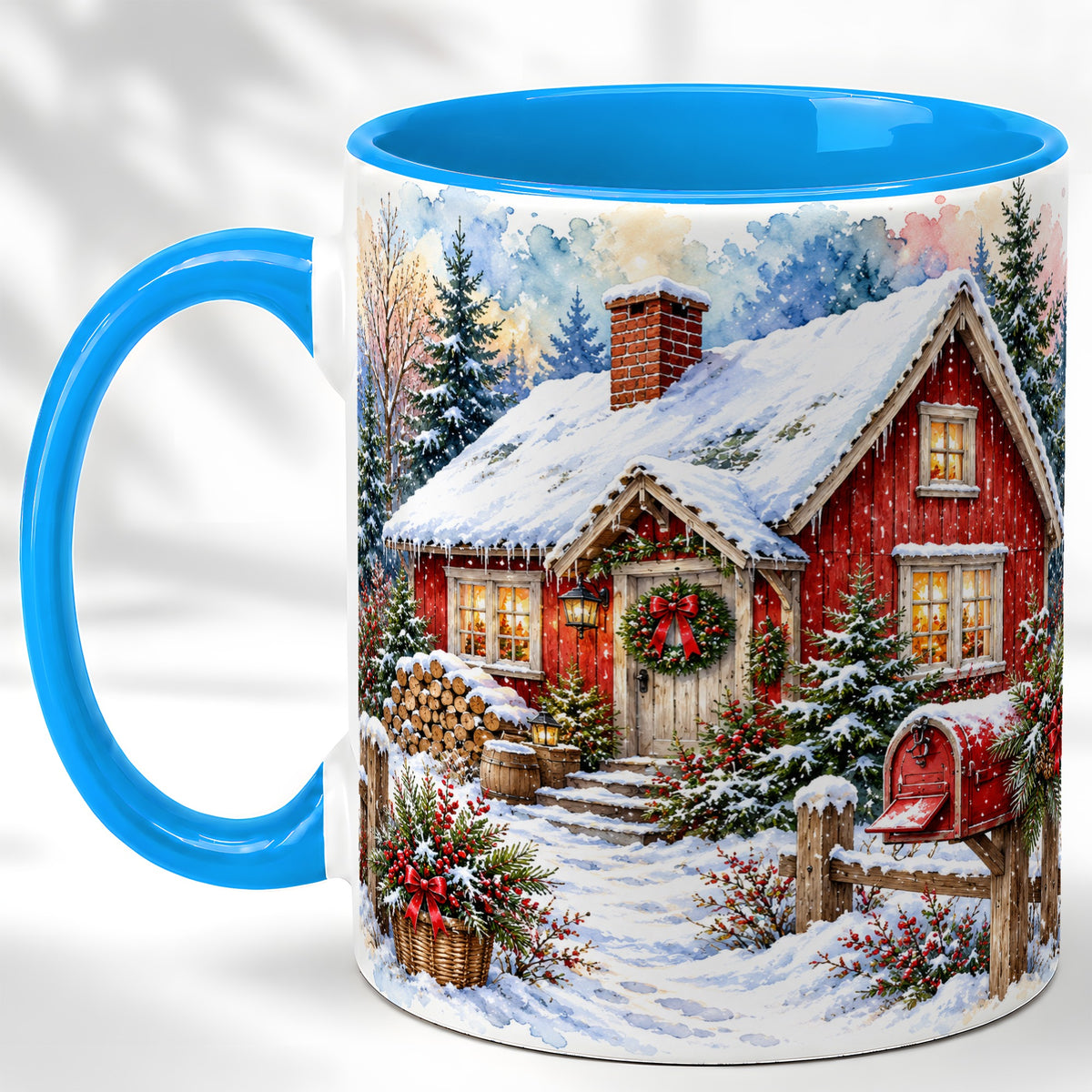 #pl[11oz|Blue] Red Christmas Cottage Coffee Mug, Snowy Cabin Mug, Ceramic Cup