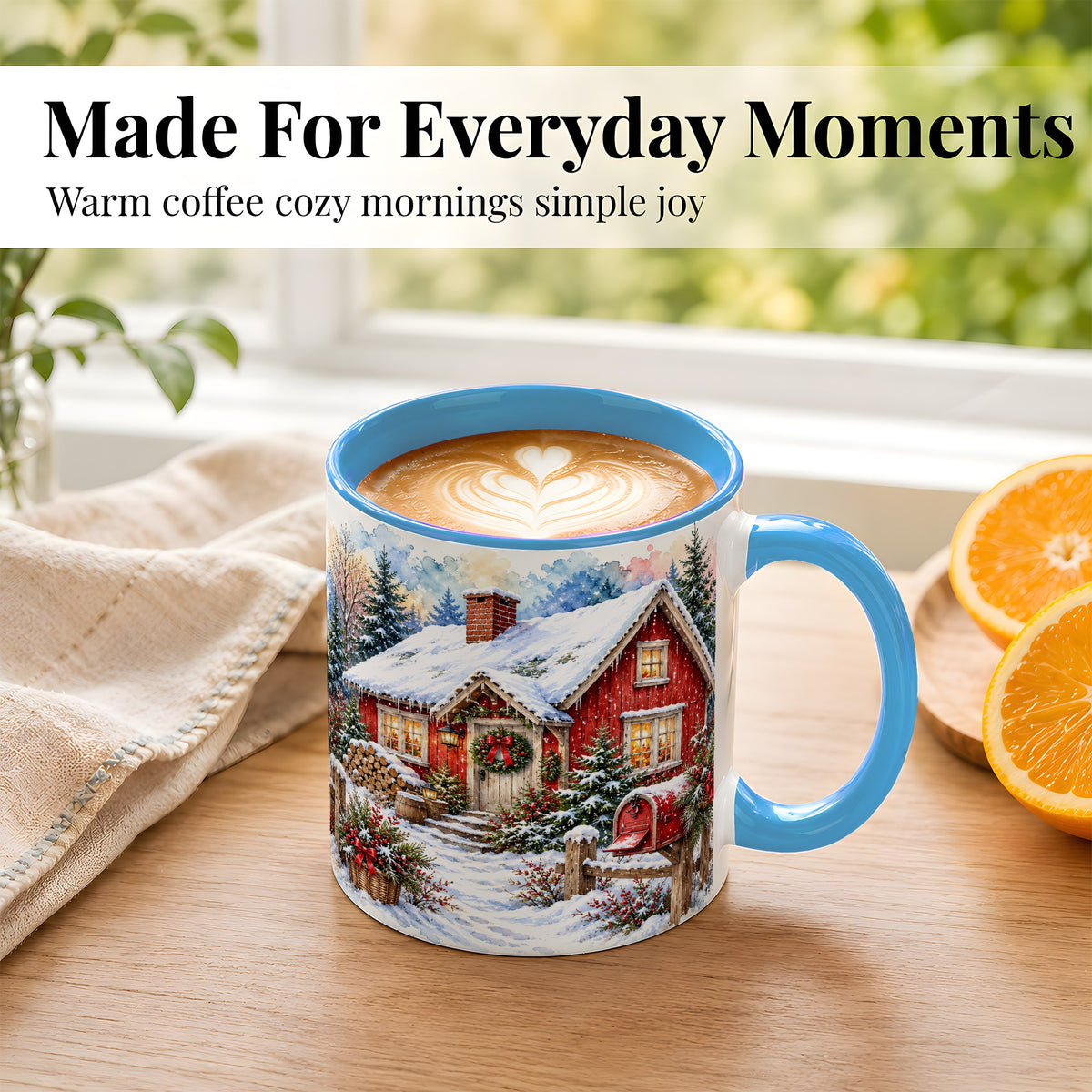 #pl[11oz|Blue] Red Christmas Cottage Coffee Mug, Snowy Cabin Mug, Ceramic Cup