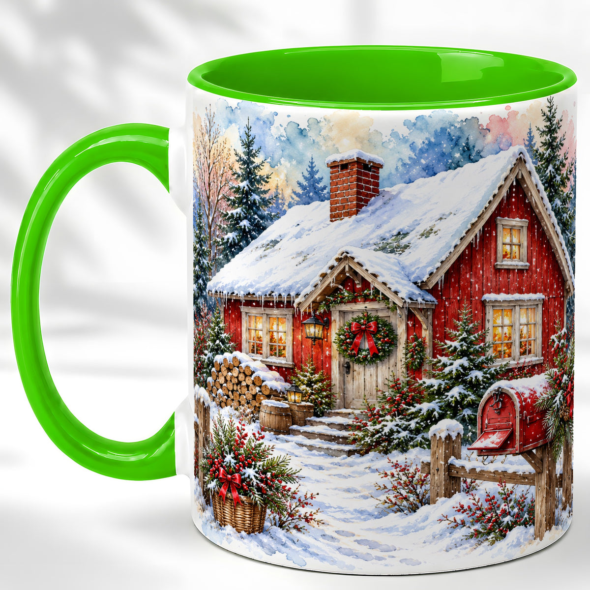 #pl[11oz|Green] Red Christmas Cottage Coffee Mug, Snowy Cabin Mug, Ceramic Cup
