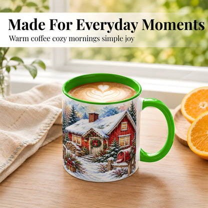 #pl[11oz|Green] Red Christmas Cottage Coffee Mug, Snowy Cabin Mug, Ceramic Cup