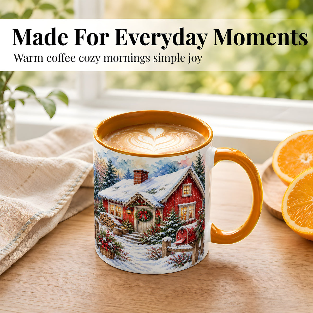 #pl[11oz|Orange] Red Christmas Cottage Coffee Mug, Snowy Cabin Mug, Ceramic Cup