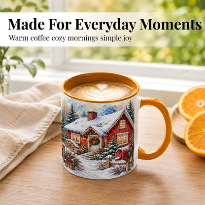 #pl[11oz|Orange] Red Christmas Cottage Coffee Mug, Snowy Cabin Mug, Ceramic Cup