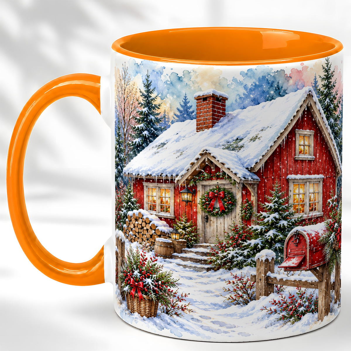 #pl[11oz|Orange] Red Christmas Cottage Coffee Mug, Snowy Cabin Mug, Ceramic Cup