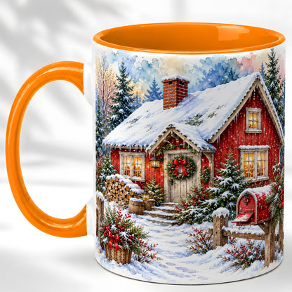 #pl[11oz|Orange] Red Christmas Cottage Coffee Mug, Snowy Cabin Mug, Ceramic Cup