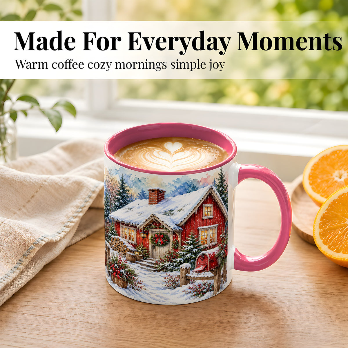 #pl[11oz|Pink] Red Christmas Cottage Coffee Mug, Snowy Cabin Mug, Ceramic Cup