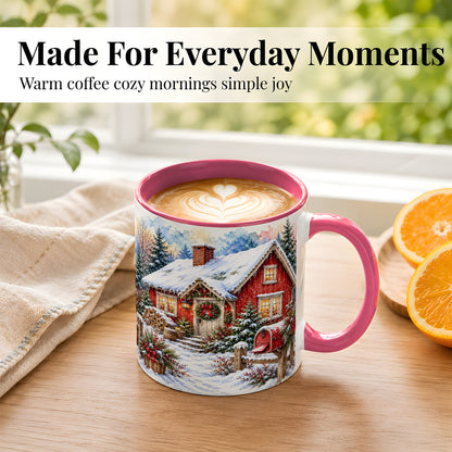 #pl[11oz|Pink] Red Christmas Cottage Coffee Mug, Snowy Cabin Mug, Ceramic Cup