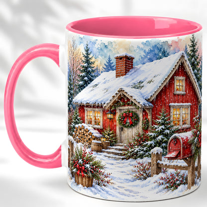 #pl[11oz|Pink] Red Christmas Cottage Coffee Mug, Snowy Cabin Mug, Ceramic Cup