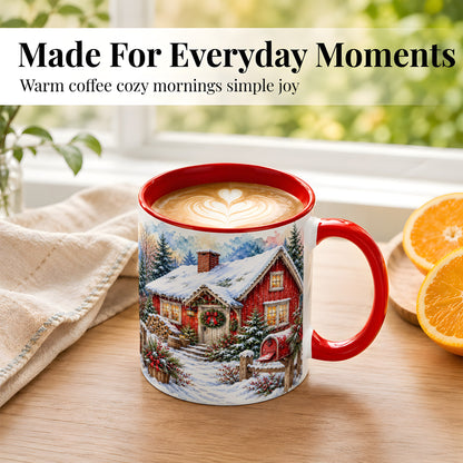 #pl[11oz|Red] Red Christmas Cottage Coffee Mug, Snowy Cabin Mug, Ceramic Cup