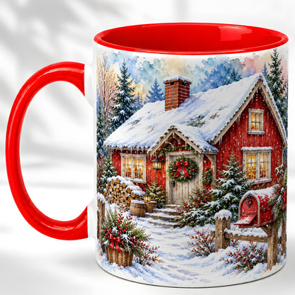 Red Christmas Cottage Coffee Mug, Snowy Cabin Mug, Ceramic Cup