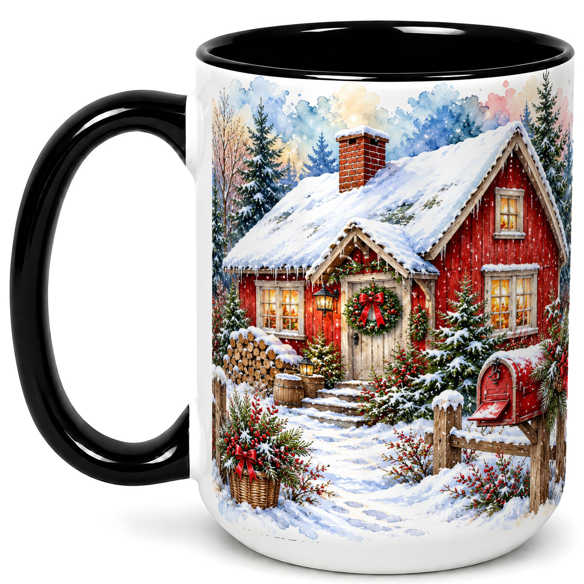 #pl[15oz|Black] Red Christmas Cottage Coffee Mug, Snowy Cabin Mug, Ceramic Cup