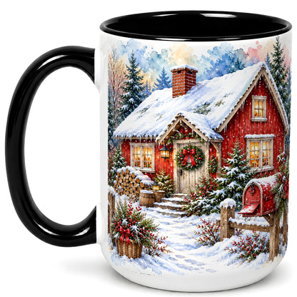 #pl[15oz|Black] Red Christmas Cottage Coffee Mug, Snowy Cabin Mug, Ceramic Cup