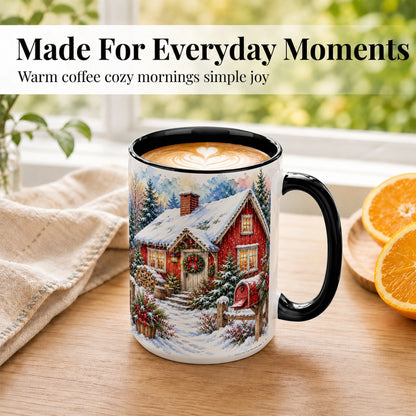 #pl[15oz|Black] Red Christmas Cottage Coffee Mug, Snowy Cabin Mug, Ceramic Cup