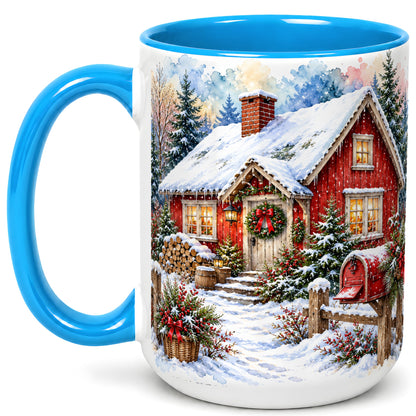 #pl[15oz|Blue] Red Christmas Cottage Coffee Mug, Snowy Cabin Mug, Ceramic Cup
