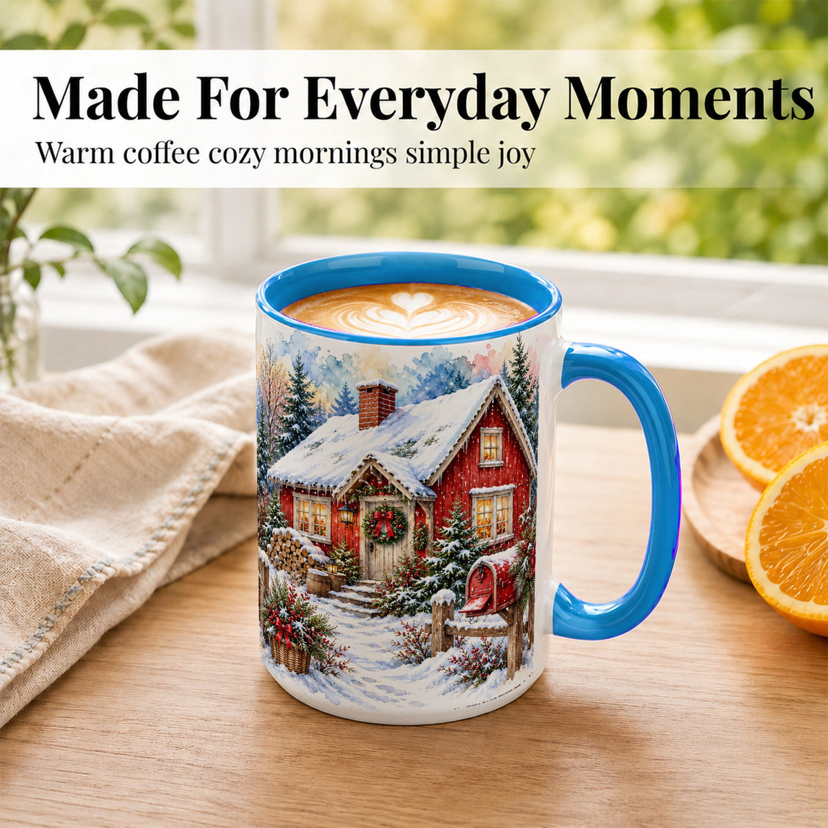 #pl[15oz|Blue] Red Christmas Cottage Coffee Mug, Snowy Cabin Mug, Ceramic Cup