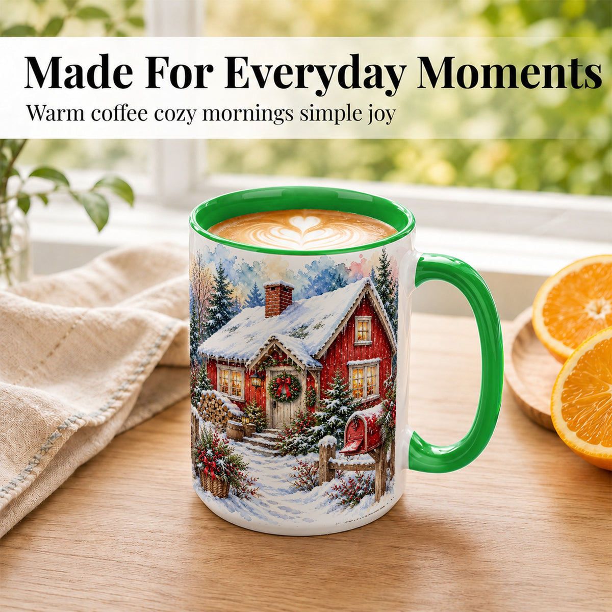 #pl[15oz|Green] Red Christmas Cottage Coffee Mug, Snowy Cabin Mug, Ceramic Cup