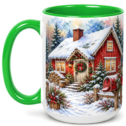 #pl[15oz|Green] Red Christmas Cottage Coffee Mug, Snowy Cabin Mug, Ceramic Cup