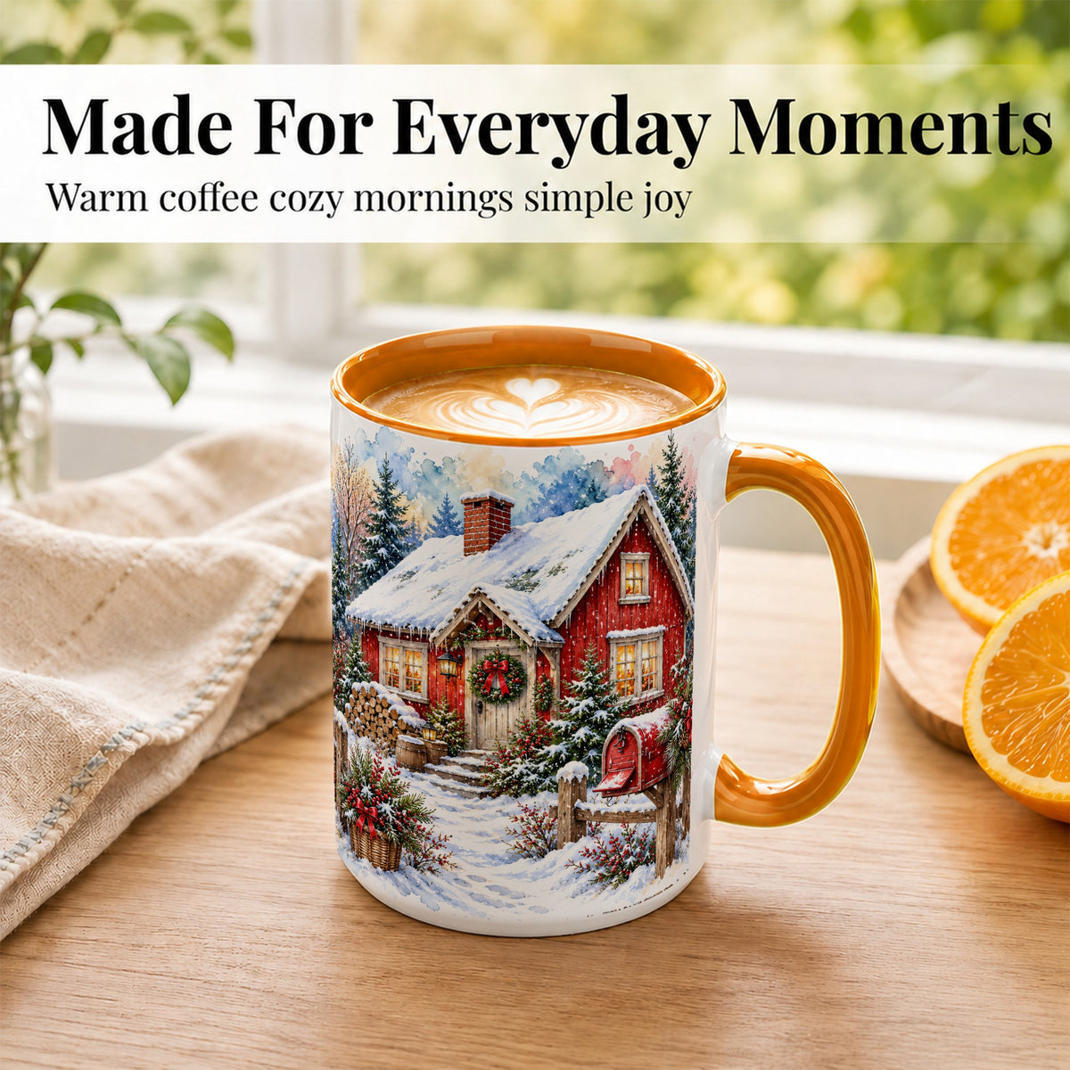 #pl[15oz|Orange] Red Christmas Cottage Coffee Mug, Snowy Cabin Mug, Ceramic Cup