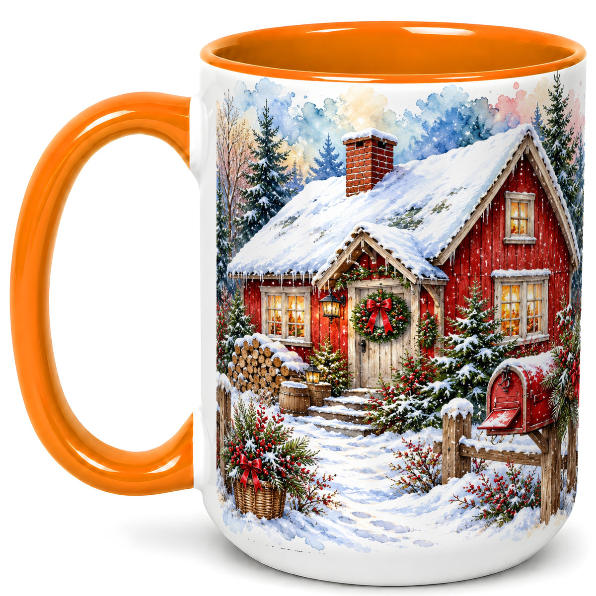 #pl[15oz|Orange] Red Christmas Cottage Coffee Mug, Snowy Cabin Mug, Ceramic Cup