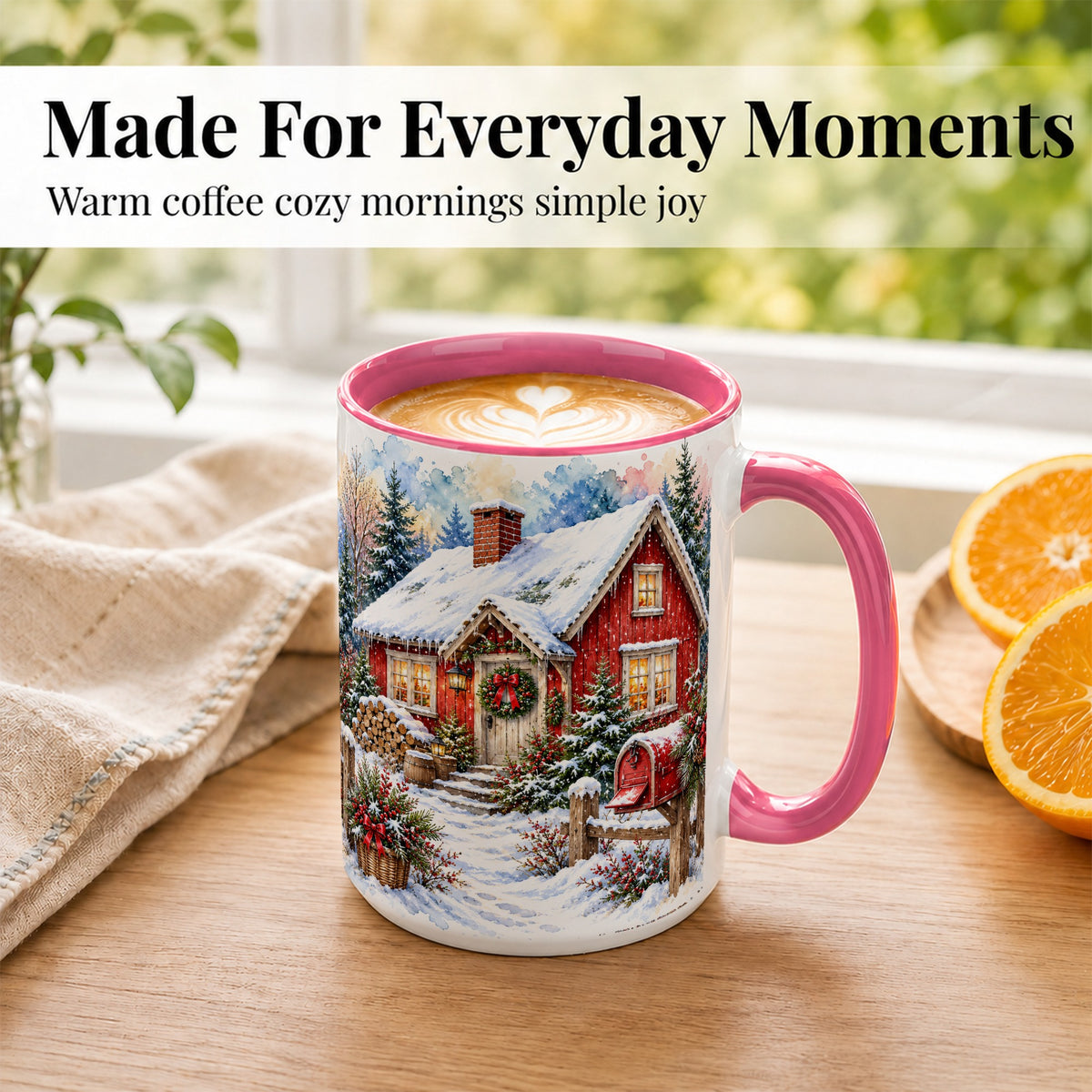 #pl[15oz|Pink] Red Christmas Cottage Coffee Mug, Snowy Cabin Mug, Ceramic Cup