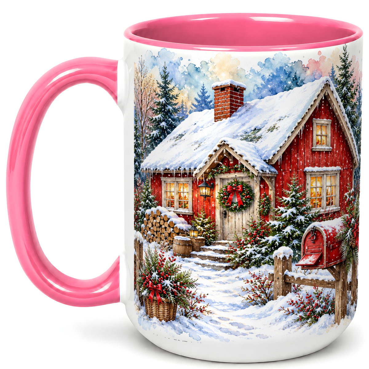 #pl[15oz|Pink] Red Christmas Cottage Coffee Mug, Snowy Cabin Mug, Ceramic Cup