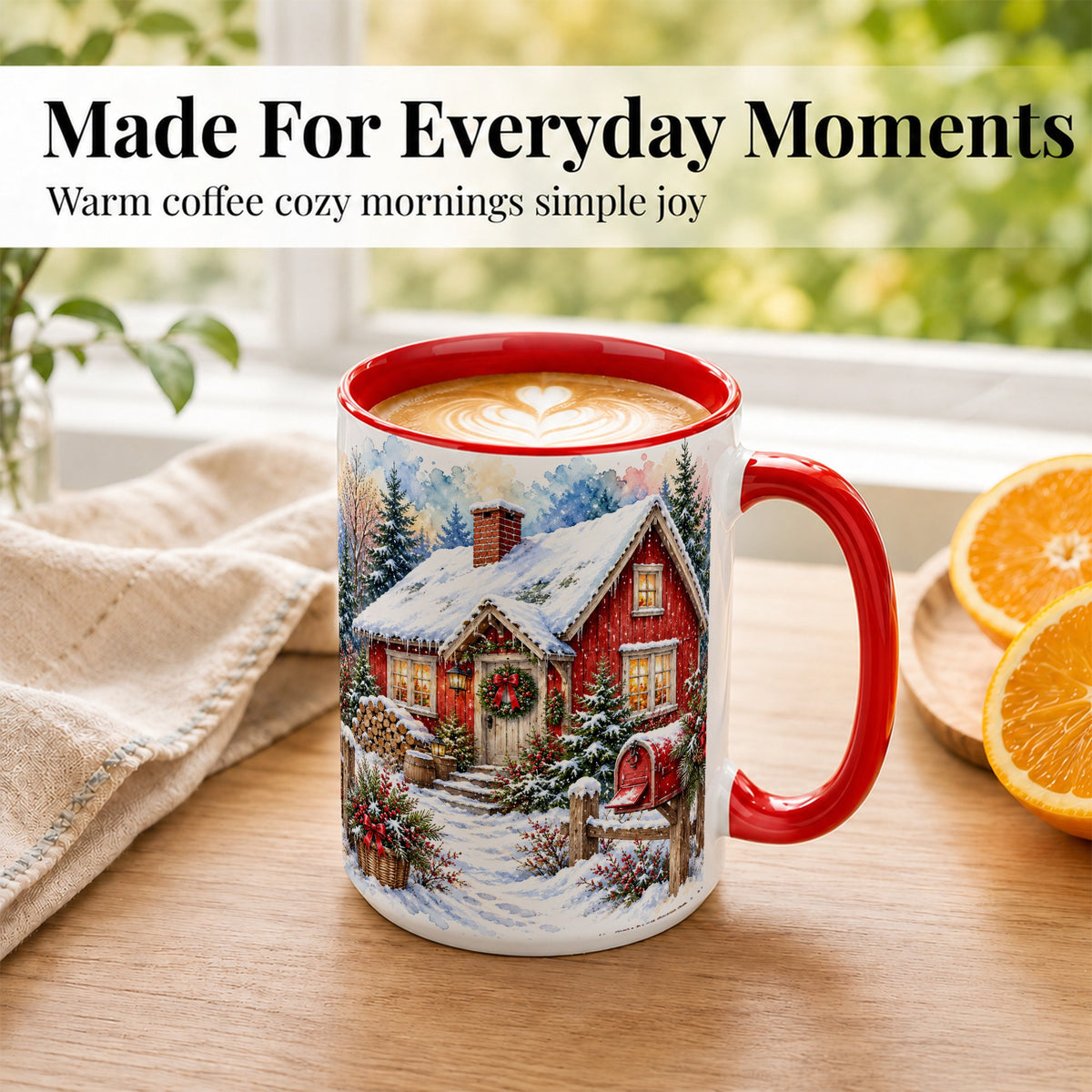 #pl[15oz|Red] Red Christmas Cottage Coffee Mug, Snowy Cabin Mug, Ceramic Cup