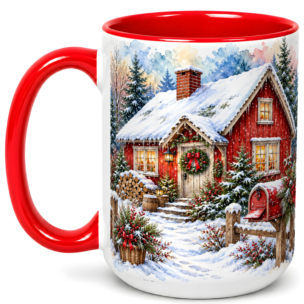 #pl[15oz|Red] Red Christmas Cottage Coffee Mug, Snowy Cabin Mug, Ceramic Cup