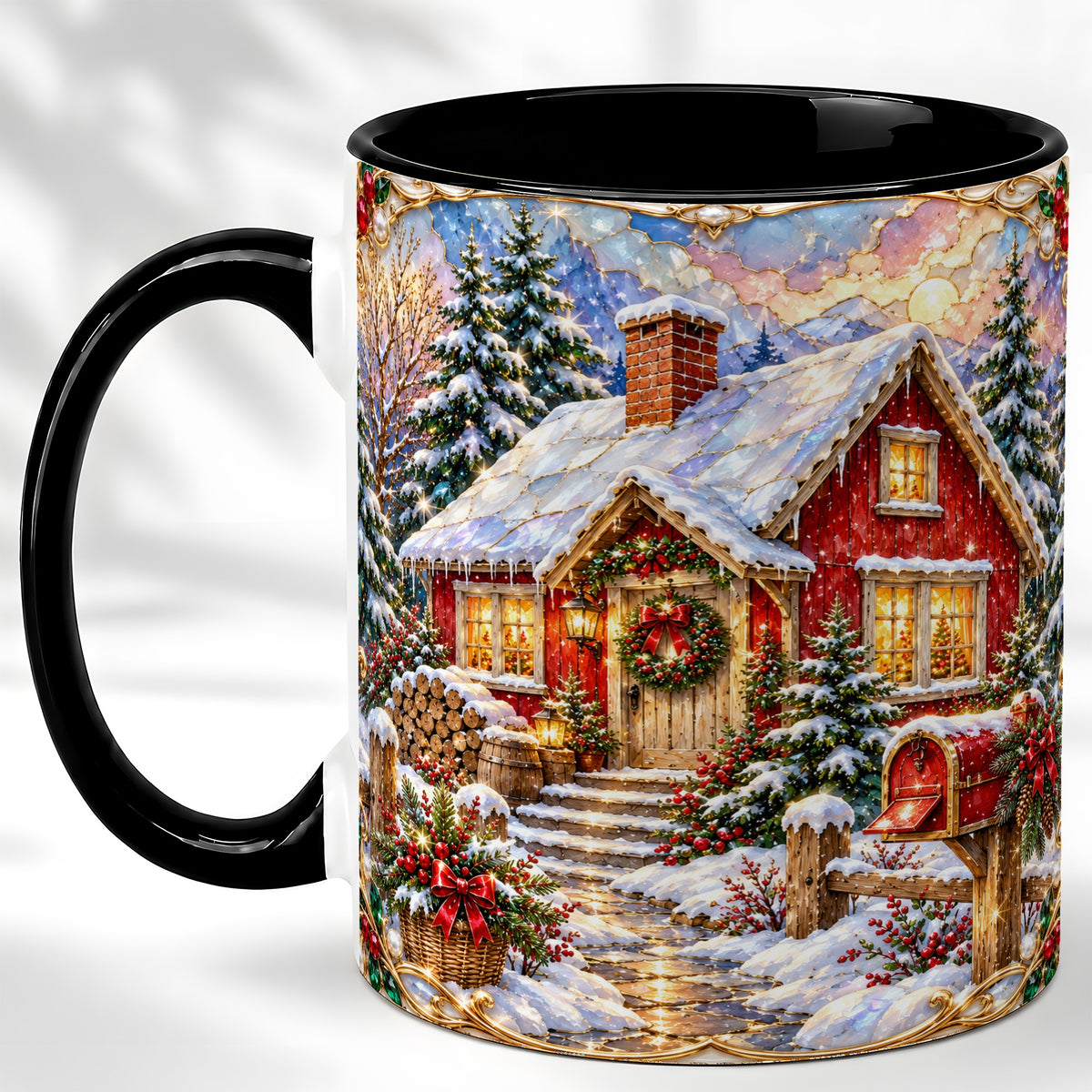 #pl[11oz|Black] Jeweled Christmas Cottage Coffee Mug, Snowy Cabin Mug, Ceramic Cup